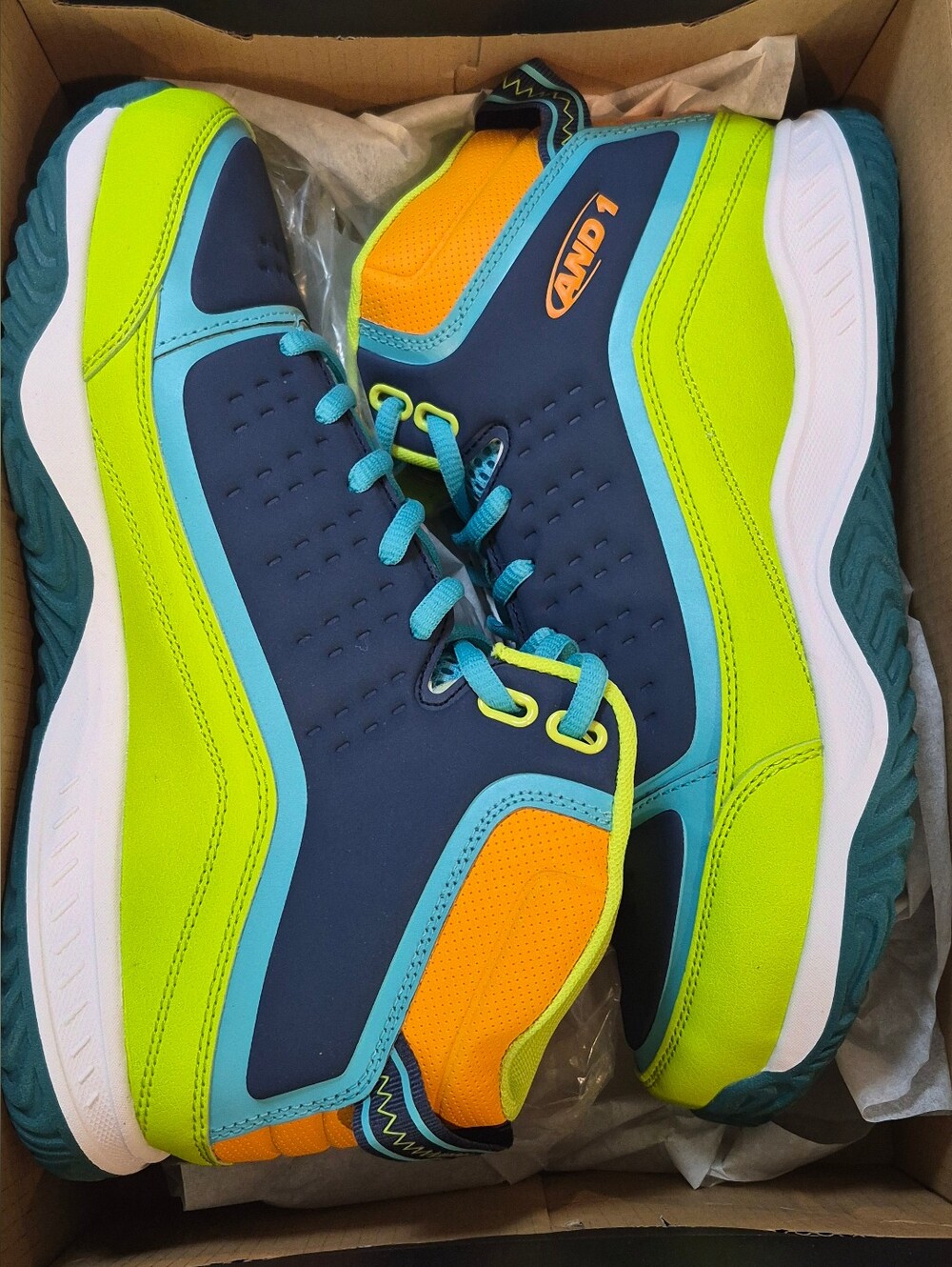 And1  SNEAKERS Neon Lime, Navy & Turquoise Basketball Shoes SZ 8.5M